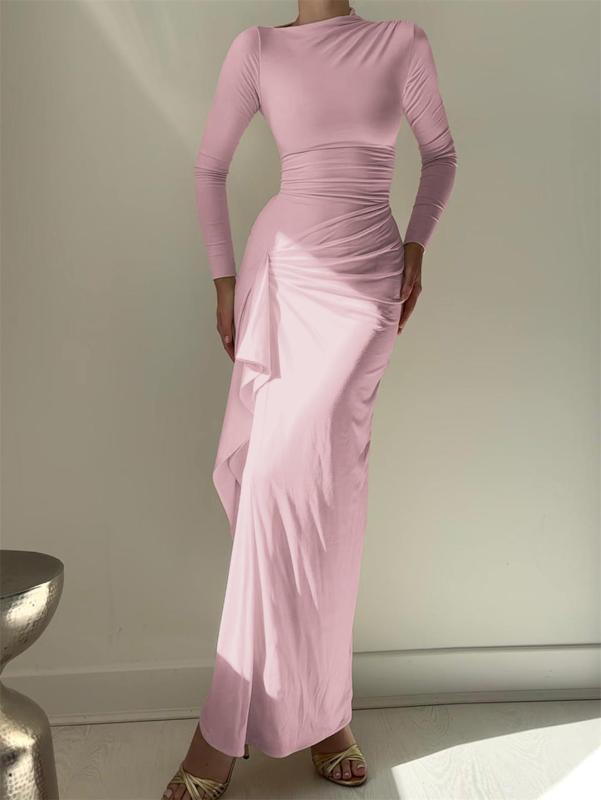 Pink Long Sleeve Lace Hollow Out Patchwork Belted Wide Leg Sexy Jumpsuit