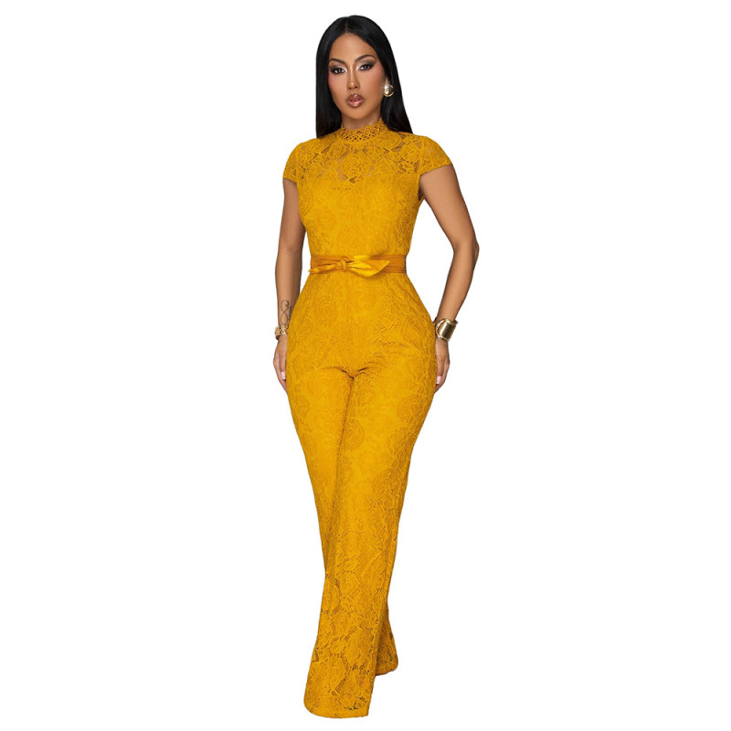 Yellow Lace Hollow Out See Through Elegant Women Street Casual Jumpsuits