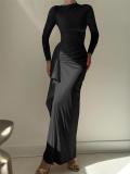 Black Long Sleeve Pleated Ruffles Lace Up Back Evening Formal Long Dress y2k