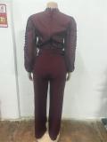 WineRed Long Sleeve Lace Hollow Out Patchwork Belted Wide Leg Sexy Jumpsuit