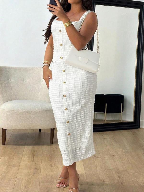 White Straps Knitted Single Breasted Sweaters Bodycon Midi Dress