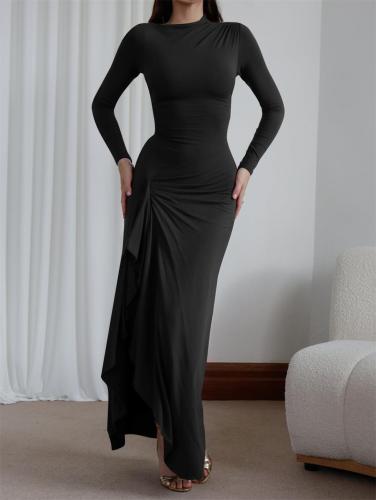 Black Long Sleeve Pleated Ruffles Lace Up Back Evening Formal Long Dress y2k