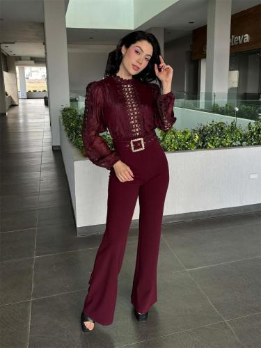 WineRed Long Sleeve Lace Hollow Out Patchwork Belted Wide Leg Sexy Jumpsuit
