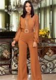Khaki Long Sleeve Lace Hollow Out Patchwork Belted Wide Leg Sexy Jumpsuit