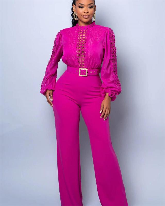 Rose Red Long Sleeve Lace Hollow Out Patchwork Belted Wide Leg Sexy Jumpsuit
