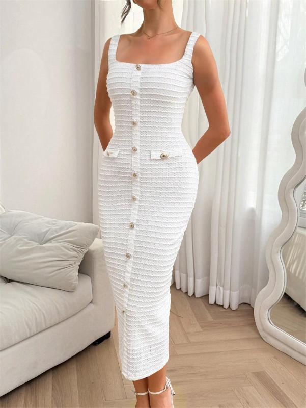 White Straps Knitted Single Breasted Sweaters Bodycon Midi Dress