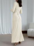 Apricot Long Sleeve Pleated Ruffles Lace Up Back Evening Formal Long Dress y2k
