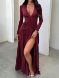 Claret Long Sleeve Deep V Neck Folds Waist Women Evening Long Dress