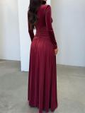 Claret Long Sleeve Deep V Neck Folds Waist Women Evening Long Dress