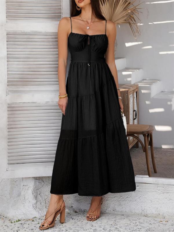 Black Strapless Low Cut Lace Up Pleated Women Boho Evening Party Dress