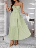 Green Strapless Low Cut Lace Up Pleated Women Boho Evening Party Dress