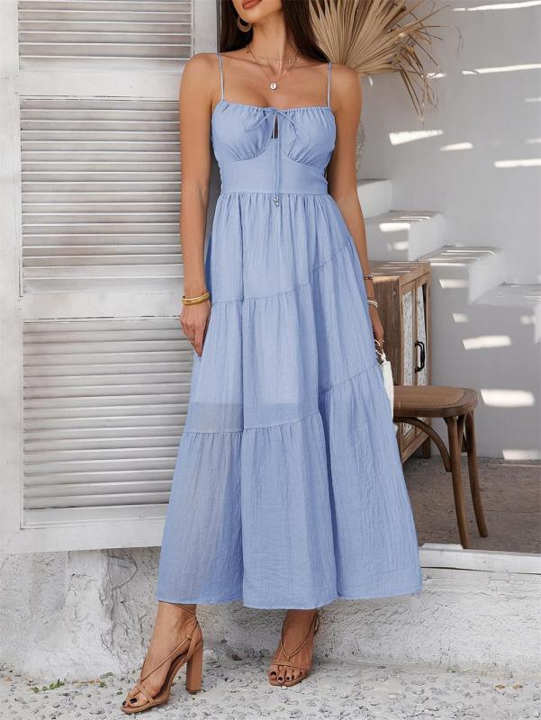 Blue Strapless Low Cut Lace Up Pleated Women Boho Evening Party Dress
