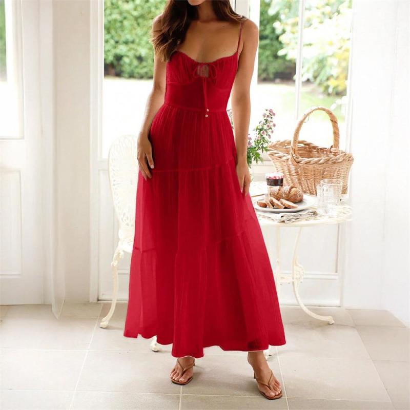 Red Strapless Low Cut Lace Up Pleated Women Boho Evening Party Dress