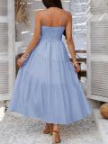 Blue Strapless Low Cut Lace Up Pleated Women Boho Evening Party Dress