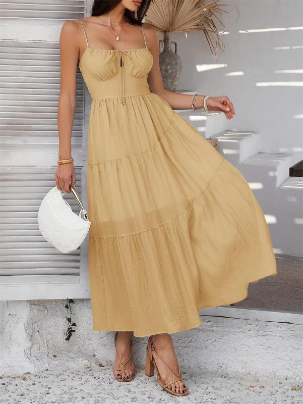 Yellow Strapless Low Cut Lace Up Pleated Women Boho Evening Party Dress