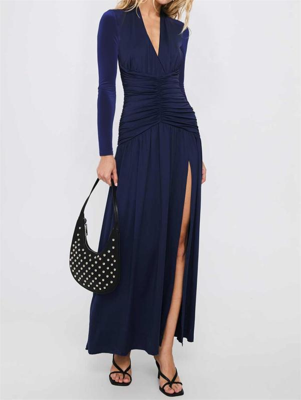 Royal Blue Long Sleeve Deep V Neck Folds Waist Women Evening Long Dress