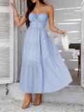 Blue Strapless Low Cut Lace Up Pleated Women Boho Evening Party Dress