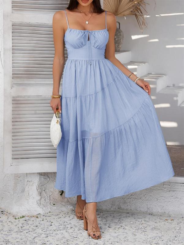 Blue Strapless Low Cut Lace Up Pleated Women Boho Evening Party Dress