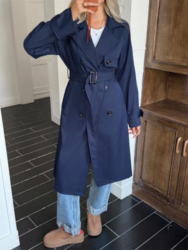 Royal Blue Women's Casual Winter Autumn Adjustable Waist Pockets Long Trench Coat with Belt Windbreaker