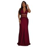 Claret Halter Deep V Neck Lace Patchwork Backless Elegant Women Evening Dress