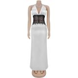 White Halter Deep V Neck Lace Patchwork Backless Elegant Women Evening Dress