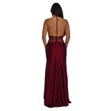 Claret Halter Deep V Neck Lace Patchwork Backless Elegant Women Evening Dress