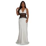White Halter Deep V Neck Lace Patchwork Backless Elegant Women Evening Dress