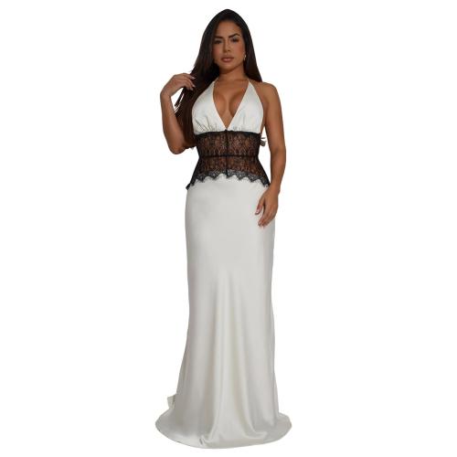 White Halter Deep V Neck Lace Patchwork Backless Elegant Women Evening Dress