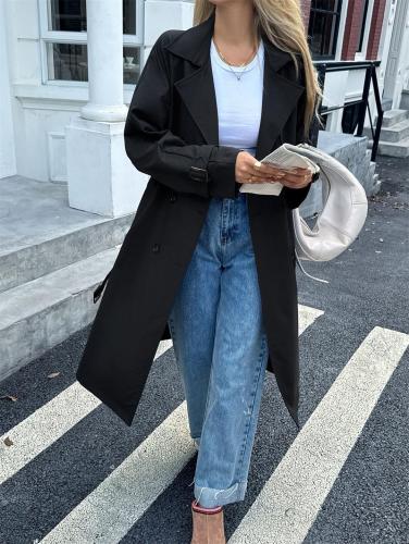 Black Women's Casual Winter Autumn Adjustable Waist Pockets Long Trench Coat with Belt Windbreaker