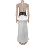 White Halter Deep V Neck Lace Patchwork Backless Elegant Women Evening Dress