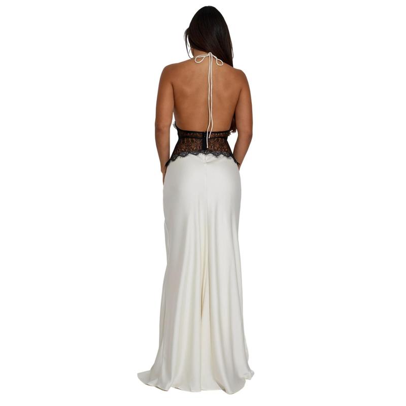 White Halter Deep V Neck Lace Patchwork Backless Elegant Women Evening Dress