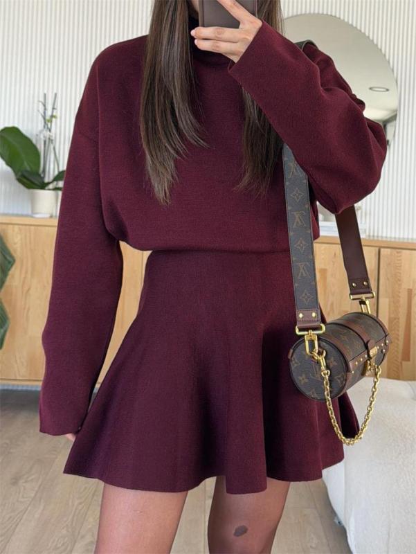 Claret Long Sleeve Knitting Sweaters Pleated Party Outerwear Mini Dress