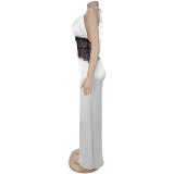 White Halter Deep V Neck Lace Patchwork Backless Elegant Women Evening Dress