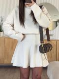 White Long Sleeve Knitting Sweaters Pleated Party Outerwear Mini Dress