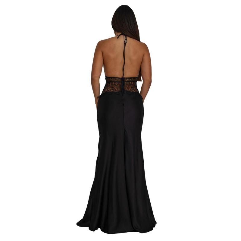 Black Halter Deep V Neck Lace Patchwork Backless Elegant Women Evening Dress