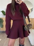 Claret Long Sleeve Knitting Sweaters Pleated Party Outerwear Mini Dress