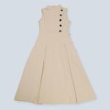 Khaki Sleeveless Single Breasted Pleated Fashion Casual Midi Dress