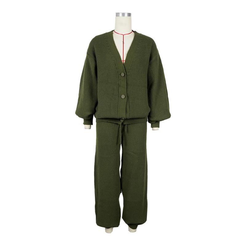Green Two Pieces Knitted Cardigan Sweaters Pant Sets Casual Dress