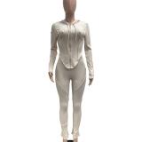 Beige Two Pieces Striped Bodycon Casual Sports Long Pant Sets