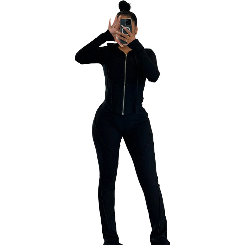 Black Two Pieces Striped Bodycon Casual Sports Long Pant Sets 003