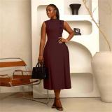 Claret Sleeveless Single Breasted Pleated Fashion Casual Midi Dress