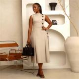 Khaki Sleeveless Single Breasted Pleated Fashion Casual Midi Dress