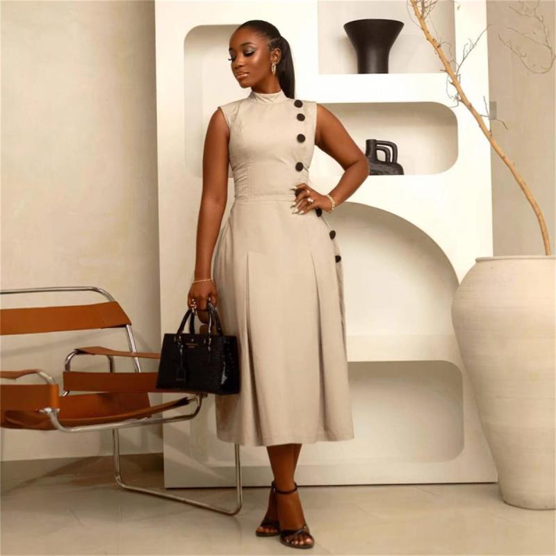 Khaki Sleeveless Single Breasted Pleated Fashion Casual Midi Dress