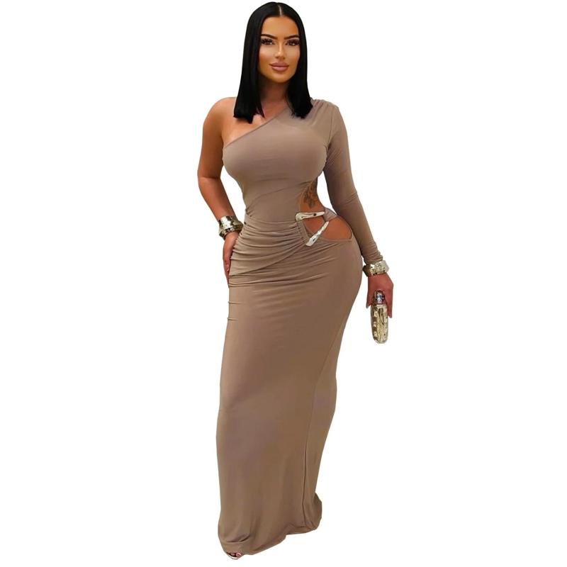 Khaki One Sleeve Cut Out Bodycon Evening Party Maxi Dress