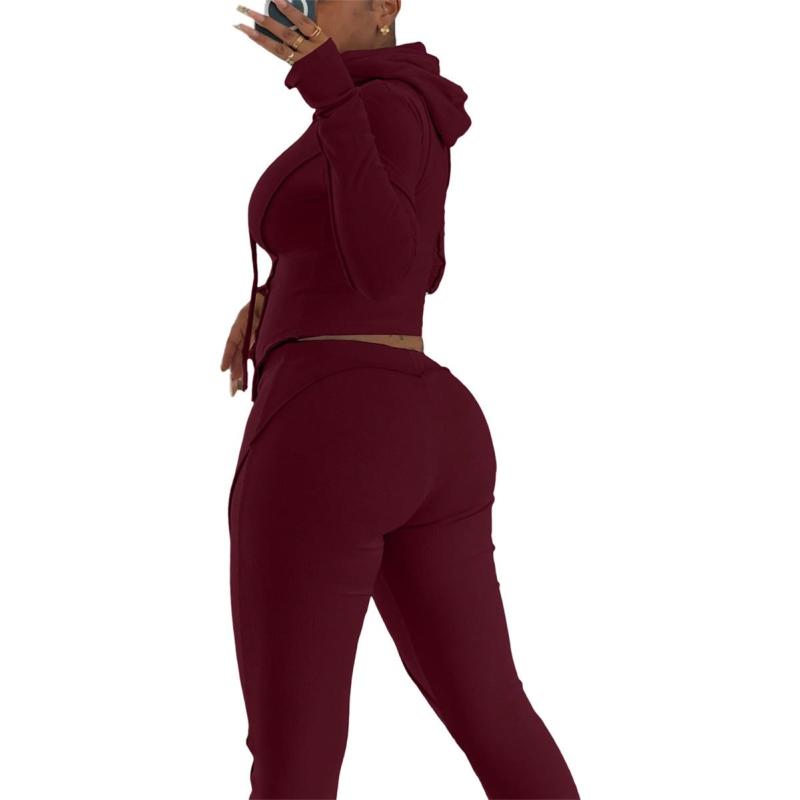 Claret Two Pieces Striped Bodycon Casual Sports Long Pant Sets