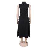 Black Sleeveless Single Breasted Pleated Fashion Casual Midi Dress