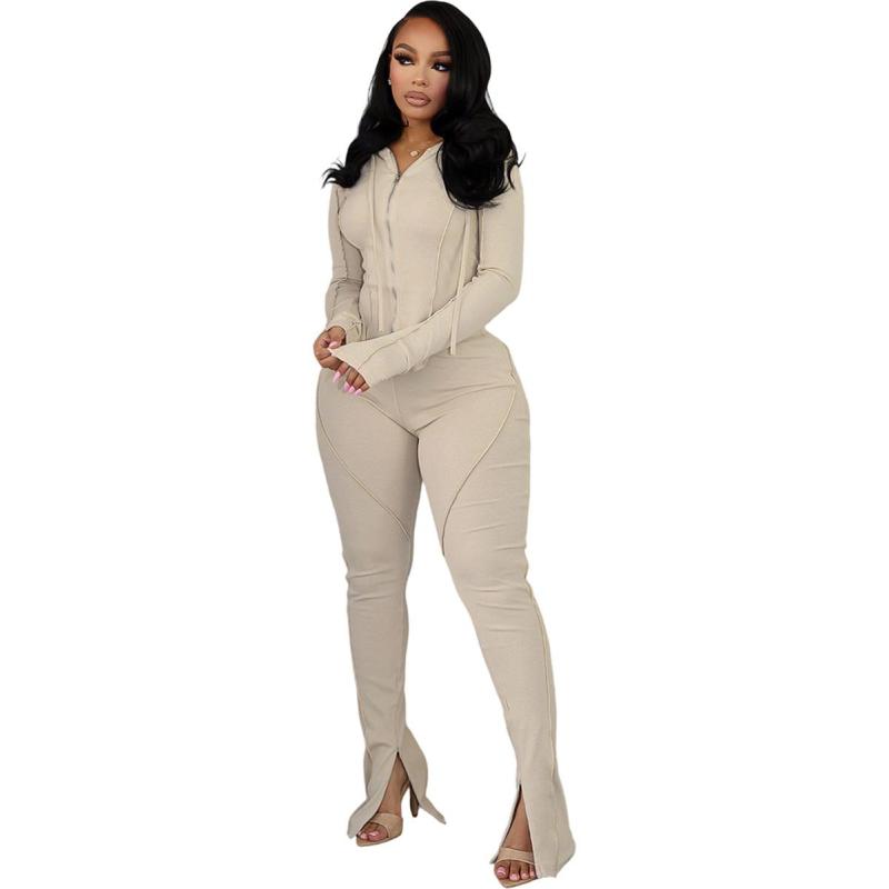 Beige Two Pieces Striped Bodycon Casual Sports Long Pant Sets