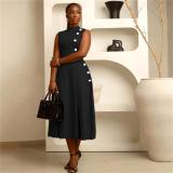 Black Sleeveless Single Breasted Pleated Fashion Casual Midi Dress
