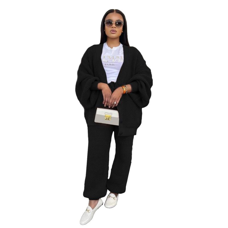 Black Two Pieces Knitted Cardigan Sweaters Pant Sets Casual Dress