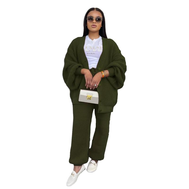 Green Two Pieces Knitted Cardigan Sweaters Pant Sets Casual Dress